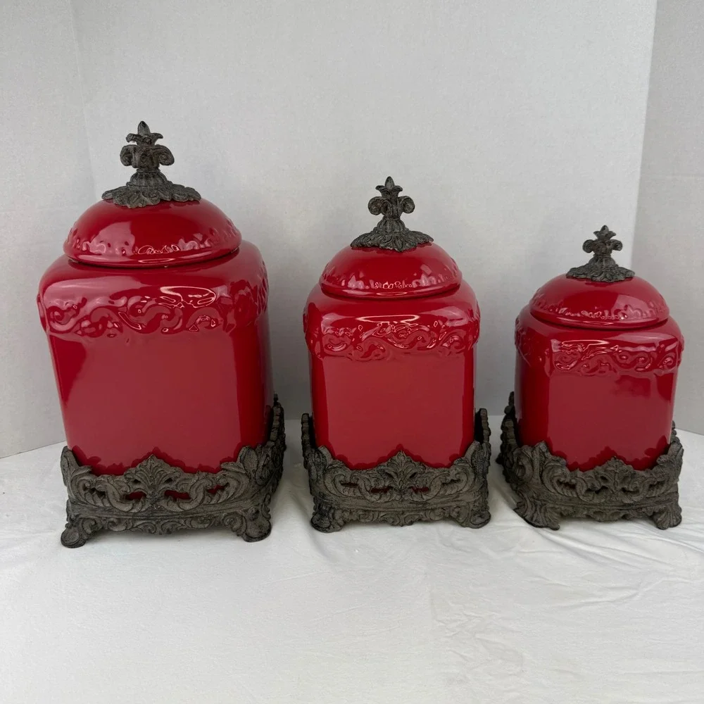 Drake Design Red Ceramic Canister Set of 3 Fleur De Lis Metal Base Kitchen Decor